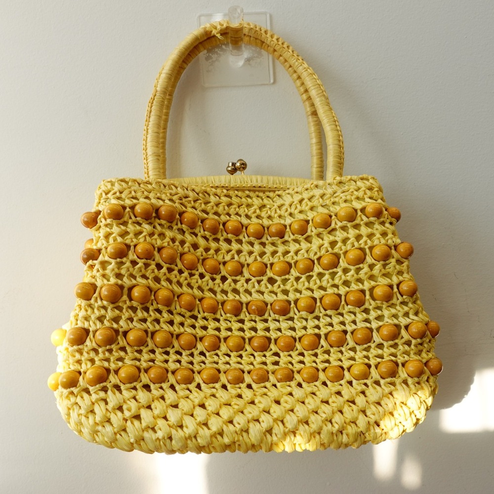 Vintage 60s Purse Bag Dark Yellow Straw Wooden Beads Artisan Top Handle JAPAN